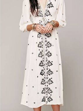 Embroidered White Maxi Dress with Black Floral Detail